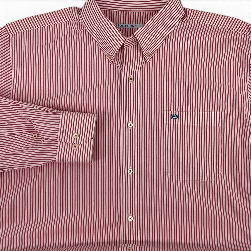 Southern Tide Mens XL Red White Striped Button Down Shirt Long Sleeve Skipjack